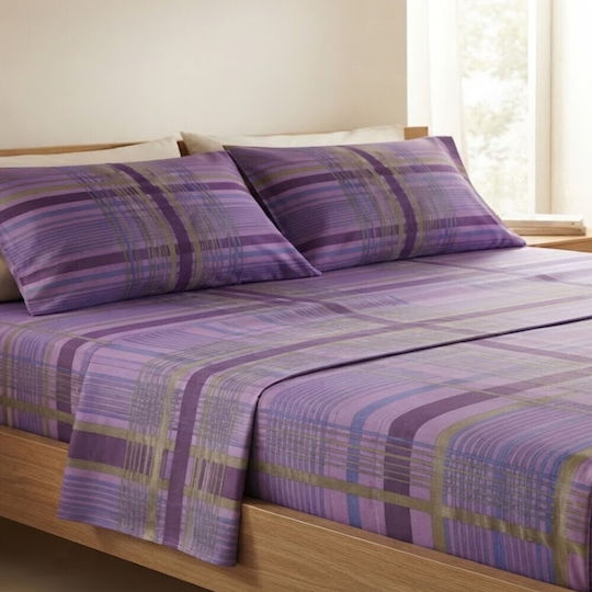 Hatzitex Module Cearceafuri De Pat Duble 200x240cm Carou Violet Cu Model Dungi 4 Bucăți