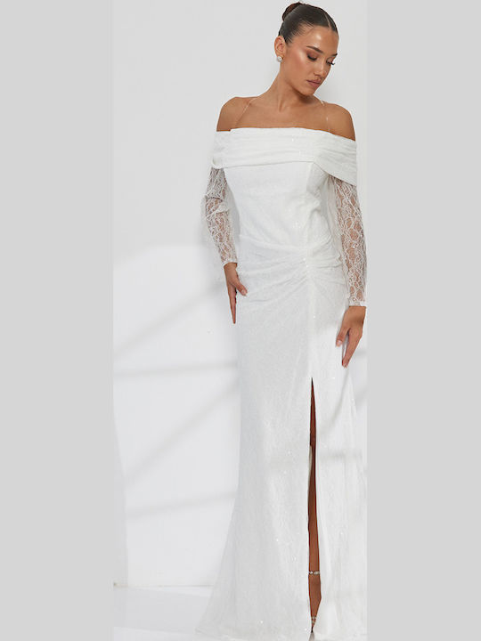 Rochie Maxi De Mireasă Cu Umerii Goi Cu Dantelă Și Deschizătură Albă