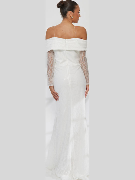 Rochie Maxi De Mireasă Cu Umerii Goi Cu Dantelă Și Deschizătură Albă