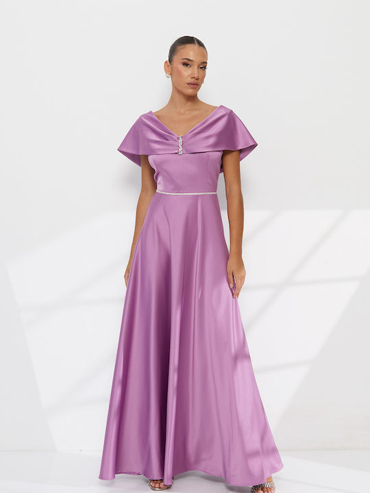 Rochie Maxi de Seară din Satin cu Spate Deschis Lila