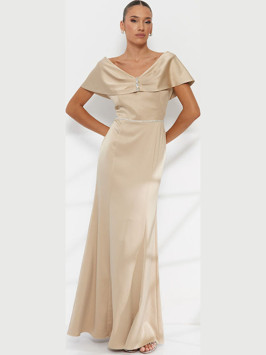 Rochie Maxi de Seara Drapată Aurie