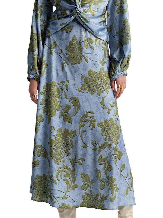 Сатен С висока талия Midi Пола Флорален Green-Light blue, Light-blue