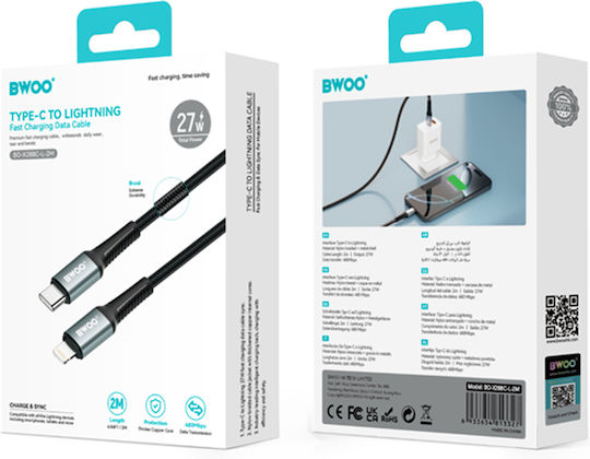 BWOO Braided USB-C to Lightning Cable 30W Black 2m