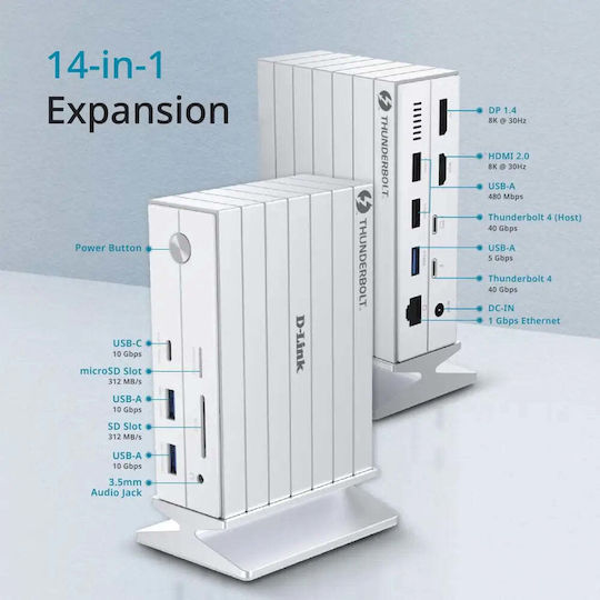 D-Link USB-C Докинг станция с HDMI/DisplayPort 4K PD Ethernet и свързване 2 монитора Бяла (DUF-E01/E)
