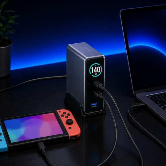 3MK База За Зареждане GaN С USB-A Порт И 4 USB-C Порта 140W Power Delivery В Черен Цвят (InCharge)