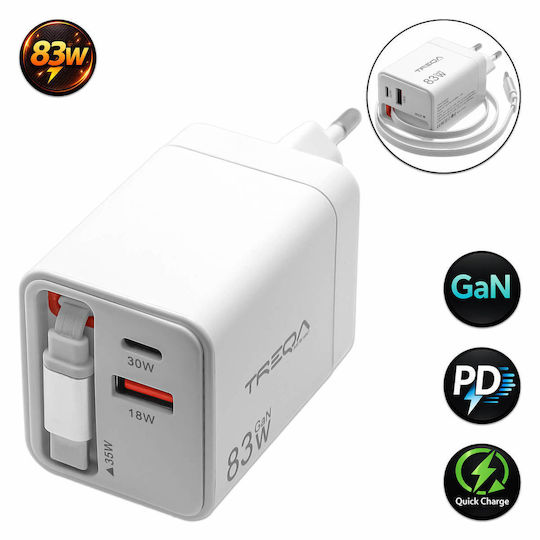 Treqa Treqa GaN Handyladegerät mit USB-A und USB-C Ausgangsanschlüsse 83W Stromlieferung Weiß (CH-666)