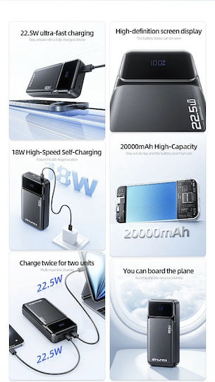 Awei PA-92 Външна Батерия 20000mAh 22.5W с USB-A Изходен Порт и 2 USB-C Изходни Порта Power Delivery Черен