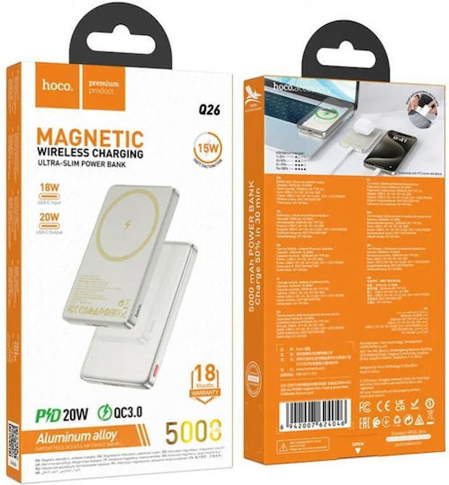 Hoco Q26 MagSafe Външна Батерия 5000mAh 20W с USB-C Изходен Порт Power Delivery / Бързо Зареждане Металик Сив