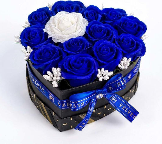 Velvet Heart Heart-shaped Floral Arrangement 15 Soap Roses Glitter Accent Blue White