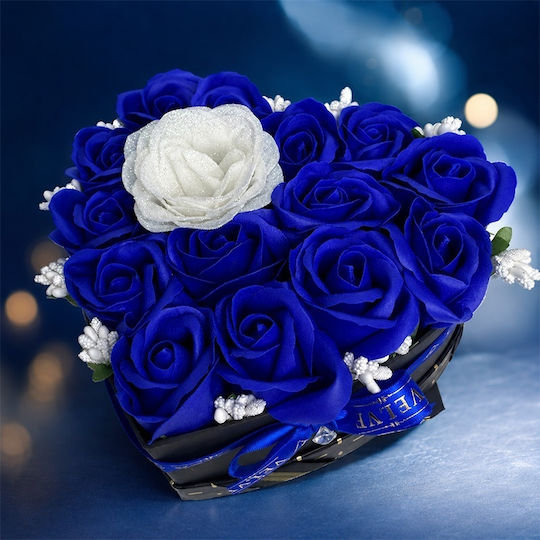 Velvet Heart Heart-shaped Floral Arrangement 15 Soap Roses Glitter Accent Blue White
