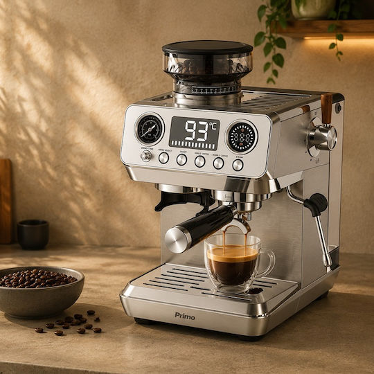 Primo Automatic Espresso Machine 1500W 20bar Pressure with Grinding Mill Silver 400573