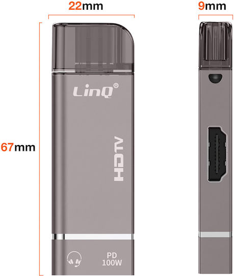 Linq Mini Hub Adapter Usb-c Zu Hdmi 4k Jack 3.5mm Usb-c 100w Grau