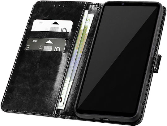 Avizar Xperia 10 Vii Калъф Портмоне От Мраморен Кожен Ефект С Функция Стойка Черен