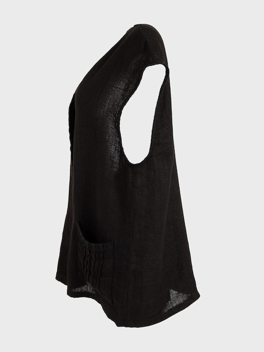 Damen Sommer Leinen Ärmellose Bluse Schwarz
