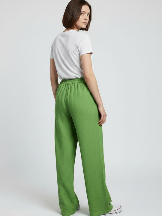 Women's Linen Pantaloons with Rubber Band in Loose Fit Green
