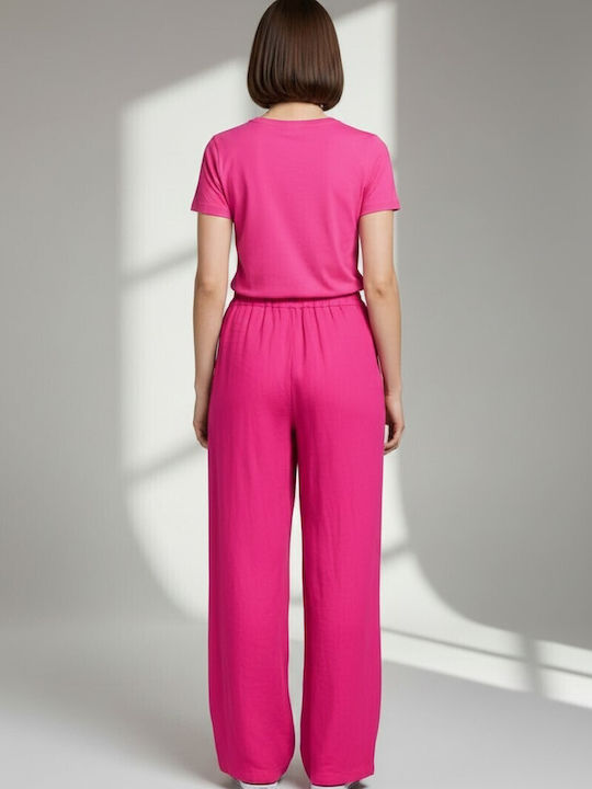 Damen Leinenhose mit Gummiband in Lose Passform Rosa