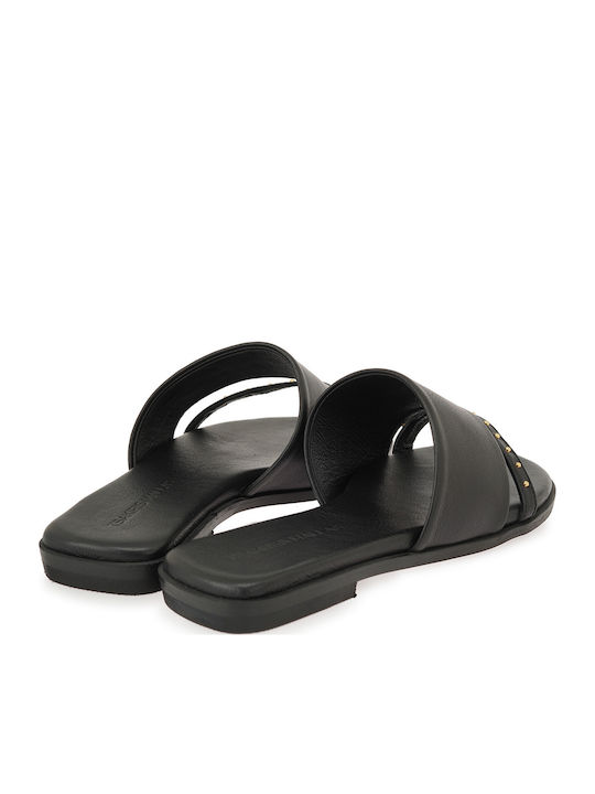 Leder Flache Sandalen für Damen Schwarz
