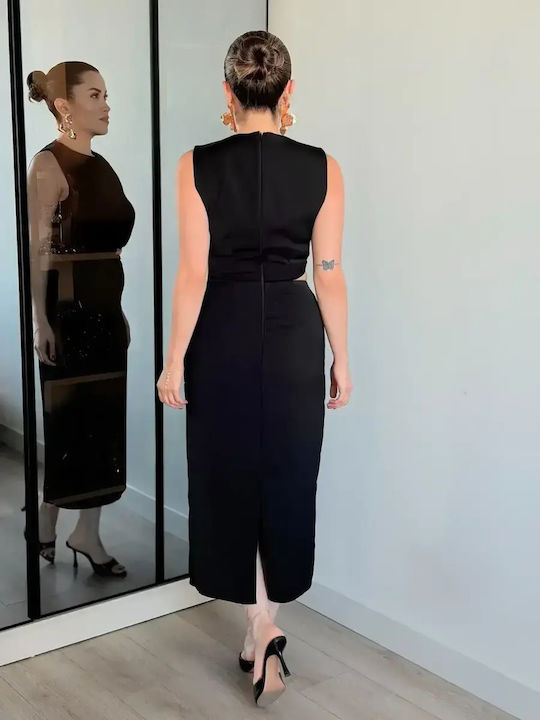 Summer Midi Evening Satin Dress with Slit Black