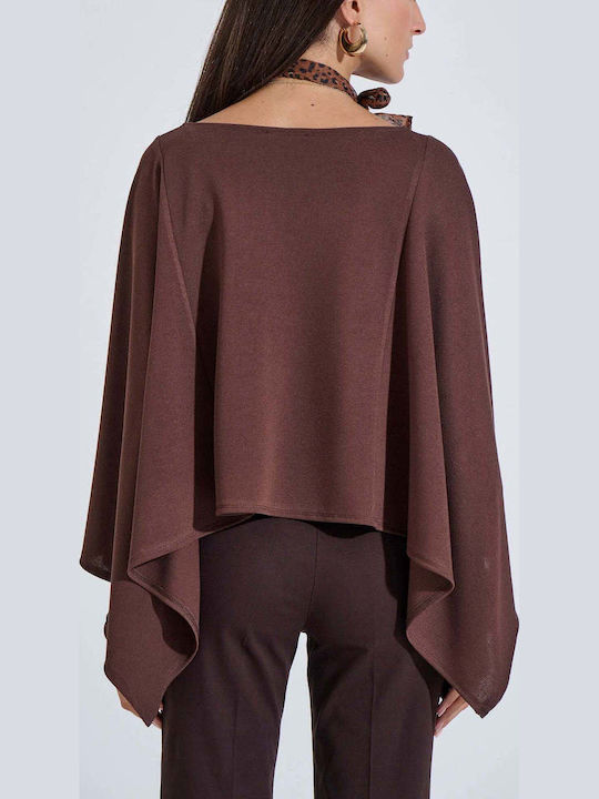 Women's Blouse with 3/4 Sleeve and Smile Neckline Brown