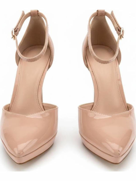 Pointed Toe Heels in Patent Leather with Strap & High Heel Pink