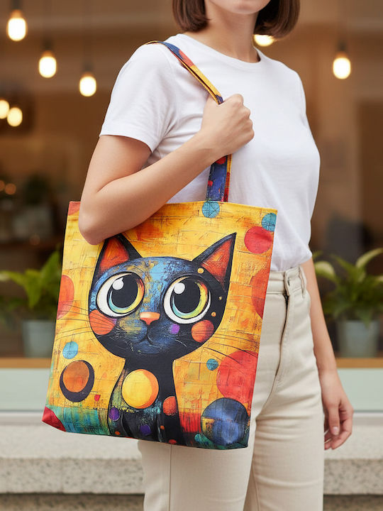 Inspiral Tree Tote Τσάντα Ώμου Υφασμάτινη Πολύχρωμη Γάτα