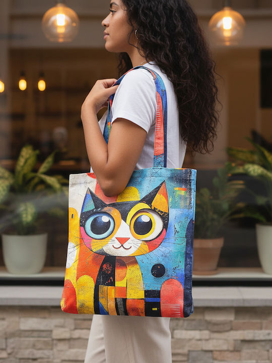 Inspiral Tree Tote Τσάντα Ώμου Υφασμάτινη Χρωματιστό Γατάκι