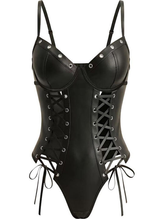Black Leather Bodysuit Laces Annamu A-1202