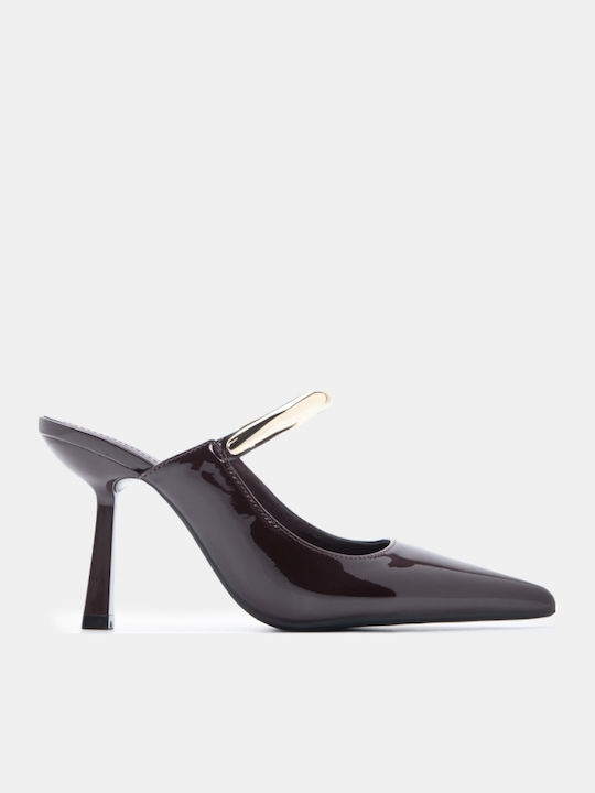 Mules In Patent Leather With High Heel In Brown Colour