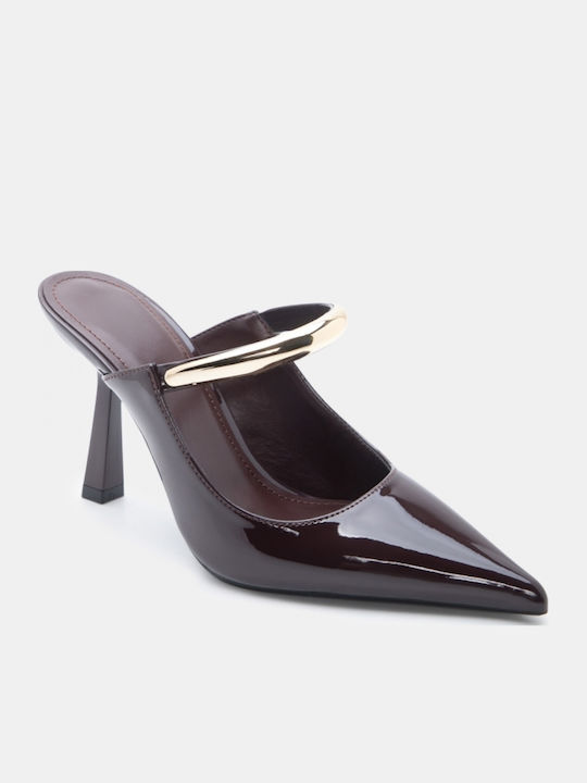 Mules In Patent Leather With High Heel In Brown Colour