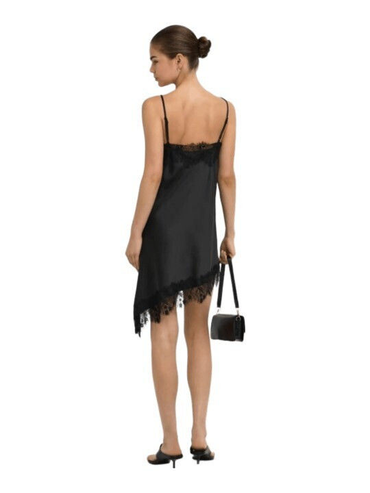 Summer Mini Evening Satin Slip Dress with Lace Black