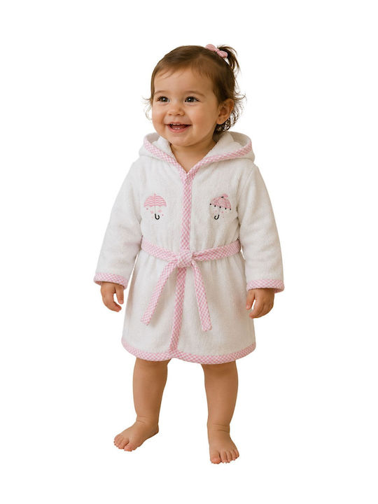 Elma Cocuk Kids Bathrobe White-Pink with Hood