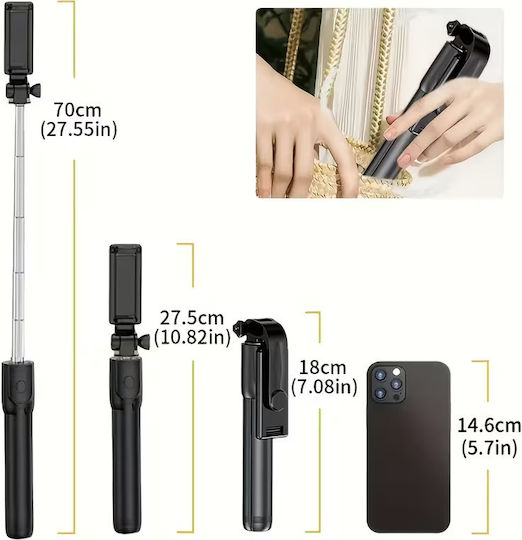 Teleskopischer Selfie-Stick 3-in-1 Handy-Stative Bluetooth-Fernbedienung Drehung 360° Schwarz