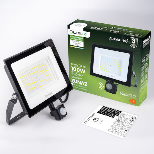 LED Flutlichter Zuna2 100W 9000lm 4000K Ip44 Schwarzer Bewegungssensor Lumiled