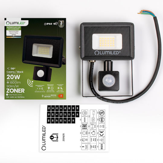 Proiector LED Zoner 20W 1800lm 4000K IP44 Negru Senzor de Mișcare Lumiled