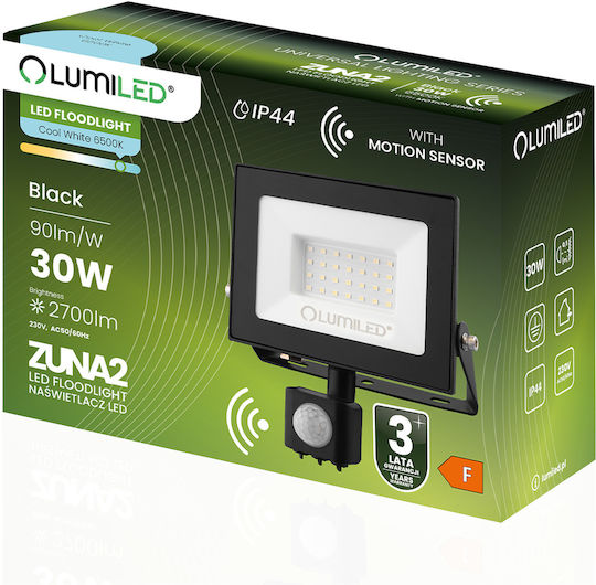 Proiector LED Zuna2 30W 2700lm 6500K IP44 Negru Senzor de Mișcare Lumiled
