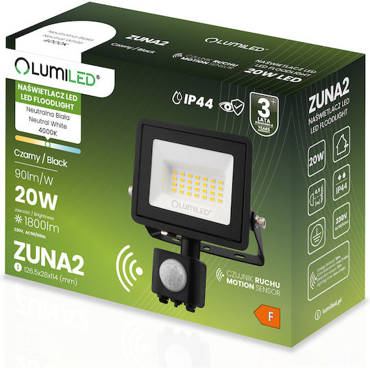 LED Flutlichter Zuna2 20W 1800lm 4000K Ip44 Schwarzer Bewegungssensor Lumiled