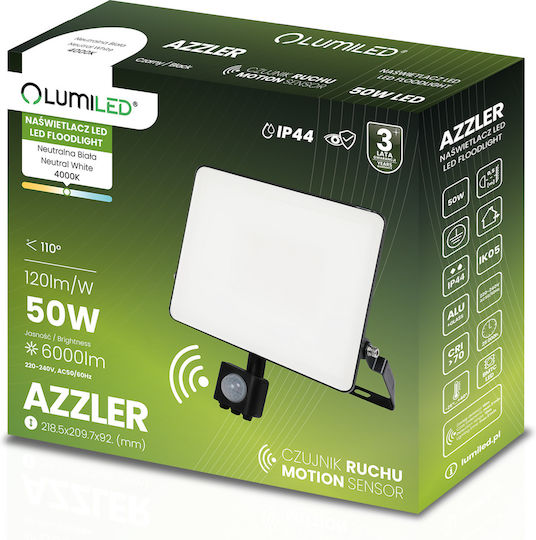 LED Flood Light Azzler 50W 6000lm 4000K IP44 Outdoor Halogen Lamp Motion Sensor Black Lumiled