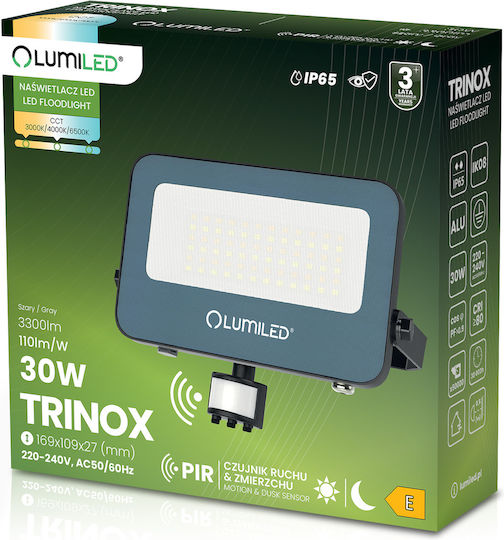 Proiector LED Trinox 30W 3300lm CCT IP65 Gri Senzor de Mișcare Lumină Crepusculară Lumiled