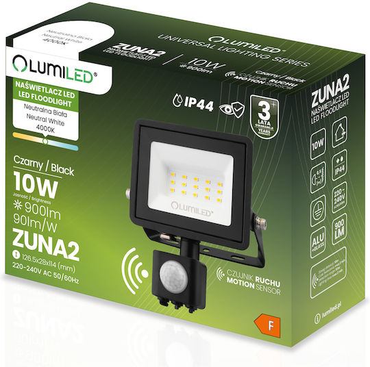 LED Flood Light Zuna2 10W 900Lm 4000K IP44 Black Motion Sensor Lumiled
