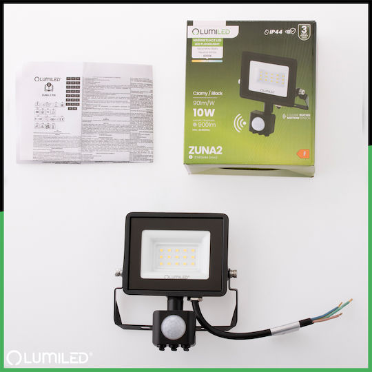 LED Flood Light Zuna2 10W 900Lm 4000K IP44 Black Motion Sensor Lumiled
