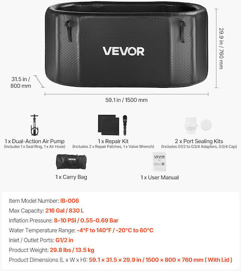 Vevor Μπανιέρα Ακρυλική 150x80x76cm