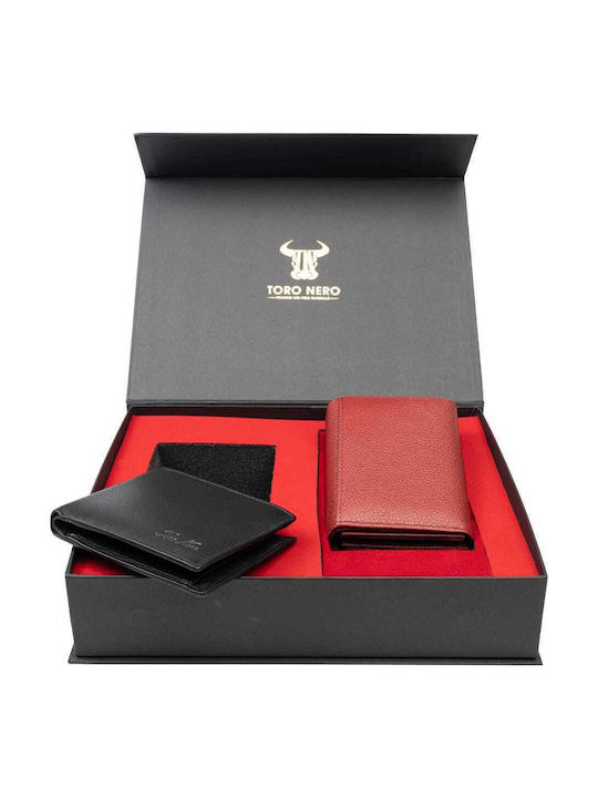 Set cadou Portofel damă + Portofel bărbați Negru-roșu Piele Naturală Little-manu