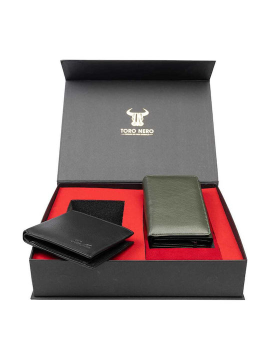 Set cadou Portofel damă + Portofel bărbați Negru-verde Piele naturală Little-manu