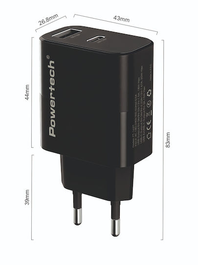 Powertech USB-A and USB-C Charger and USB-C - USB-C Cable 20W Power Delivery / Quick Charge 2.0 / Quick Charge 3.0 Black (PT-1637)