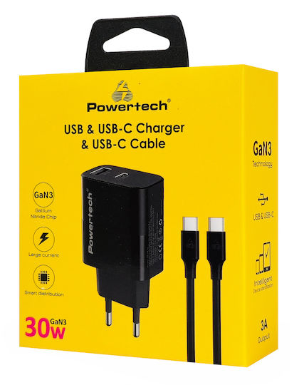 Powertech GaN Charger with USB-A Port and USB-C Port and USB-C - USB-C Cable 30W Quick Charge 2.0 / Quick Charge 3.0 Black (PT-1638)