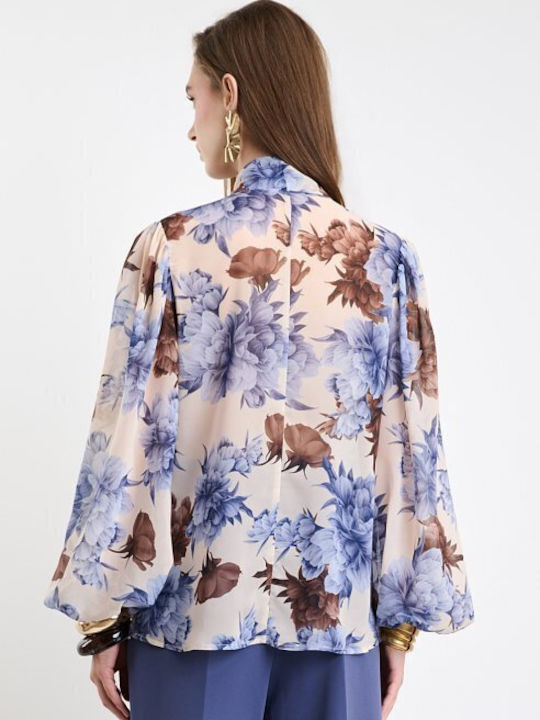Damenbluse mit Bindung am Ausschnitt Blumen Blau