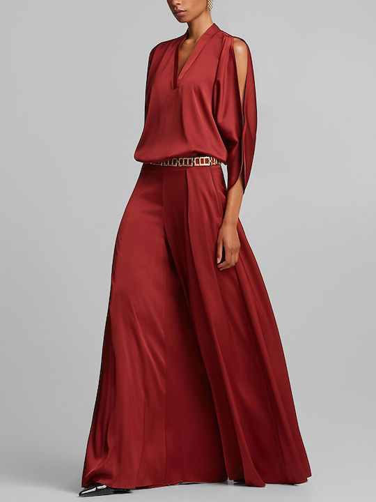 Women's Satin Blouse with V-Neck Dark Red