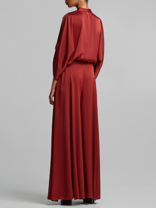 Women's Satin Blouse with V-Neck Dark Red