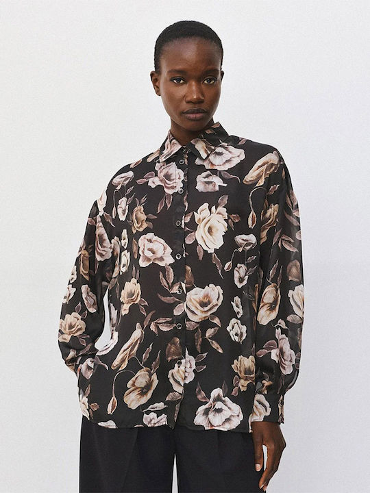 Long Sleeve Women's Shirt Black Floral