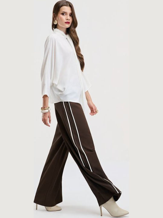 Damenhose mit Gummiband in Breit Bein Stil Gestreift Braune